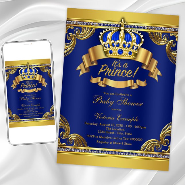 Convite Chá de fraldas Real Príncipe Azul Dourado (Royal blue gold prince baby shower invitation. Instant download and printed invitations available.)