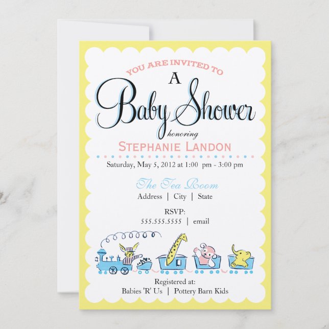 Convite Chá de fraldas retro animal neutro do trem | (Frente)