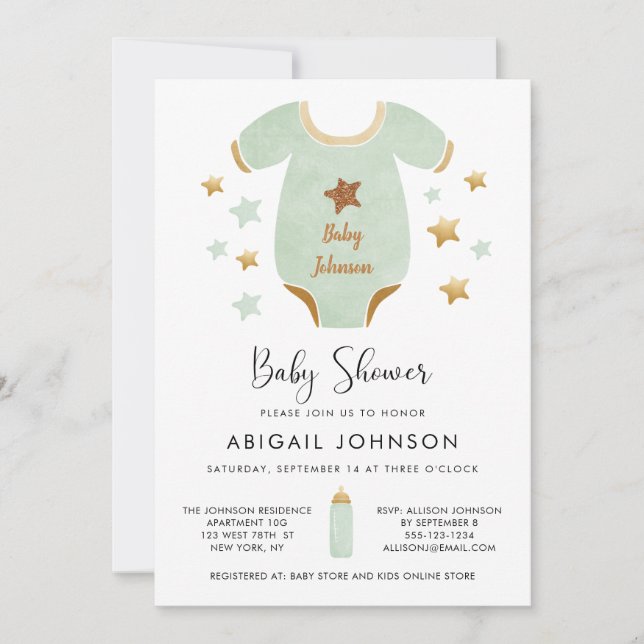 Convite Chá de fraldas Retroativo Dourado de Aquarela Verd (Frente)