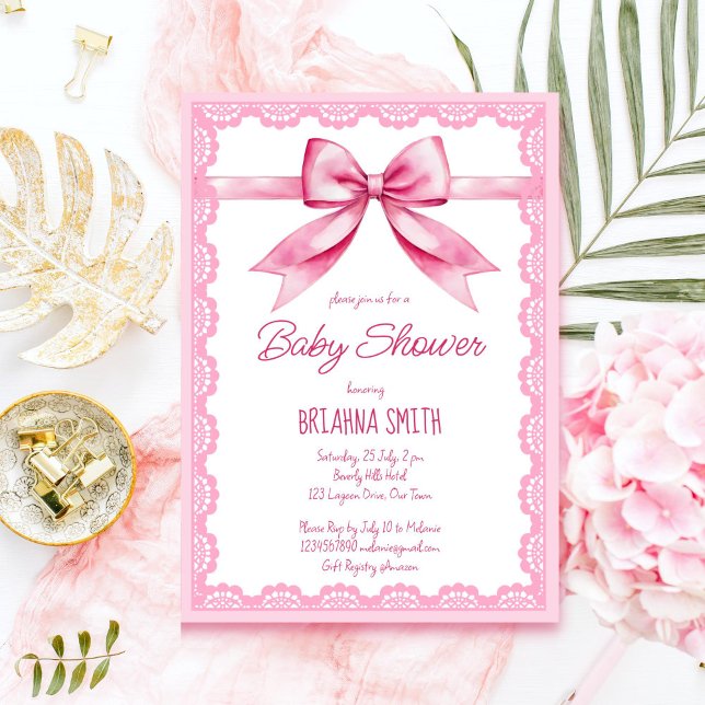 Convite Chá de fraldas retrorreflector do arco rosa (Pink bow retro lace baby shower editable template invitation instant download cute girly pink)