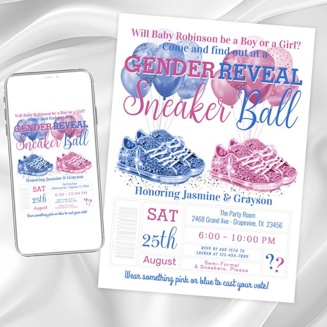 Convite Chá de fraldas Revelação do Gênero da Bola do Snea (Sneaker ball gender reveal invitation with pink and blue sneakers and balloons. )