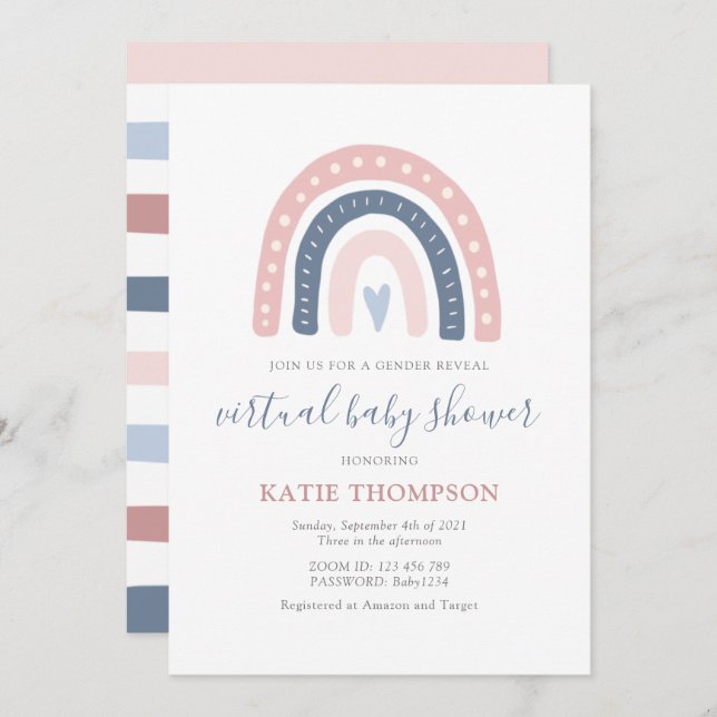 Convite Chá de fraldas Revelado do Arco-Íris Rosa e Azul (Frente/Verso)