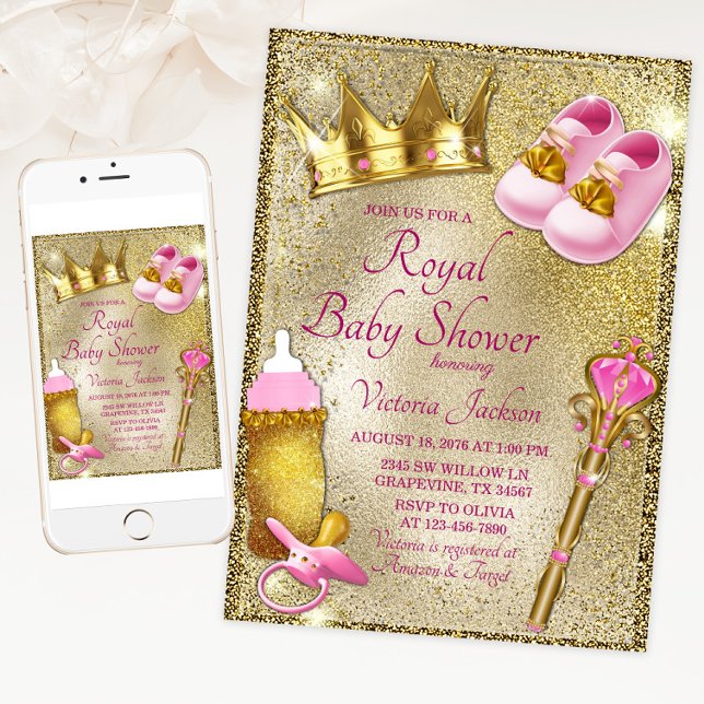 Convite Chá de fraldas rico Princesa Rosa Dourada (Pink gold royal baby shower invitation with cute princess things on a beautiful gold background.)