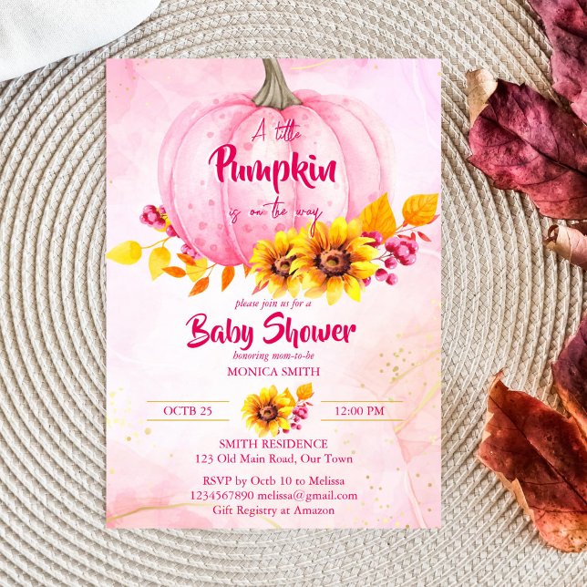 Convite Chá de fraldas rosa-abóbora (Little pumpkin pink girl baby shower template invitation instant download pink pumpkin sunflowers)