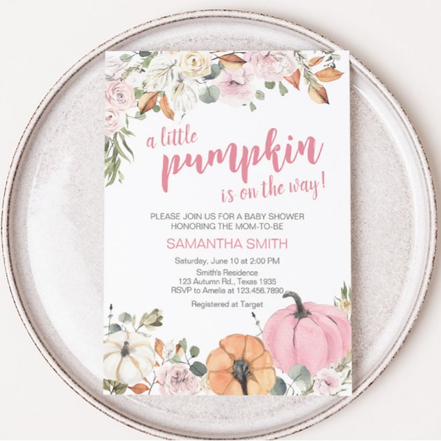 Convite Chá de fraldas rosa-abóbora (Pink Little Pumpkin Baby Shower Invitation )
