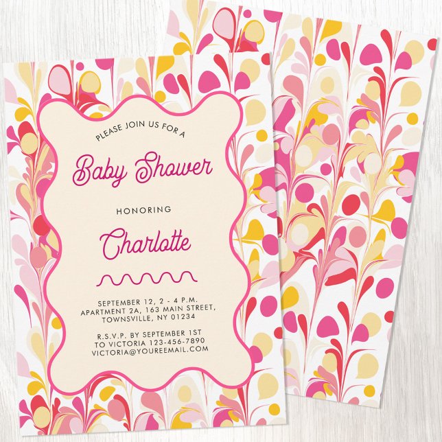 Convite Chá de fraldas Rosa Abstrato Moderno (Modern retro pink and yellow abstract wavy baby shower invitation with custom personalized text)