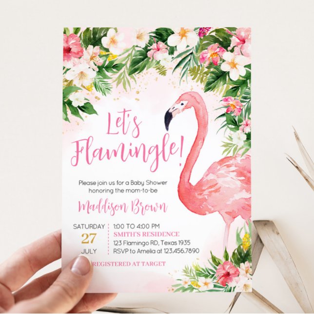 Convite Chá de fraldas Rosa Aloha Flamingo (Girl Floral Flamingle Baby Shower Invitation)