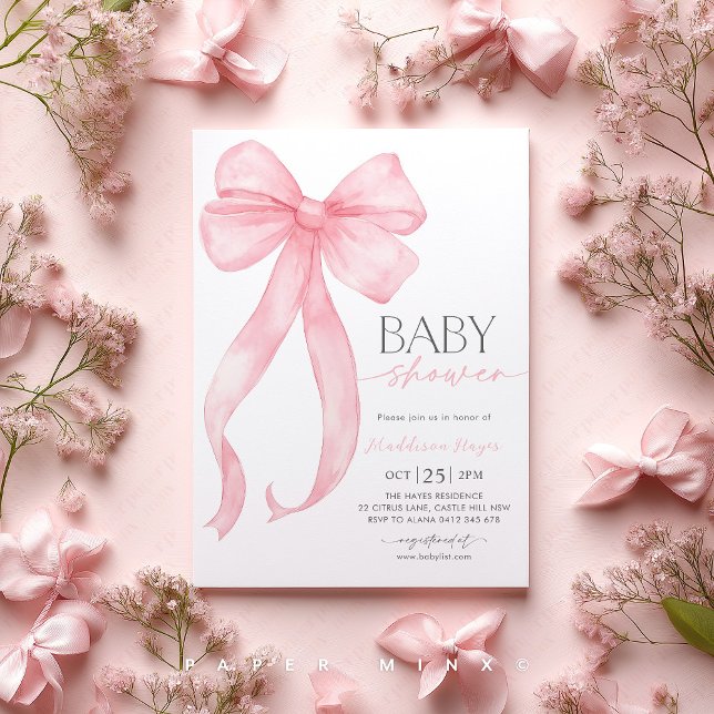 Convite Chá de fraldas Rosa Arco Coquette Girl (Pink Bow Baby Shower Invitation | Baby Girl Coquette Baby Shower Party)
