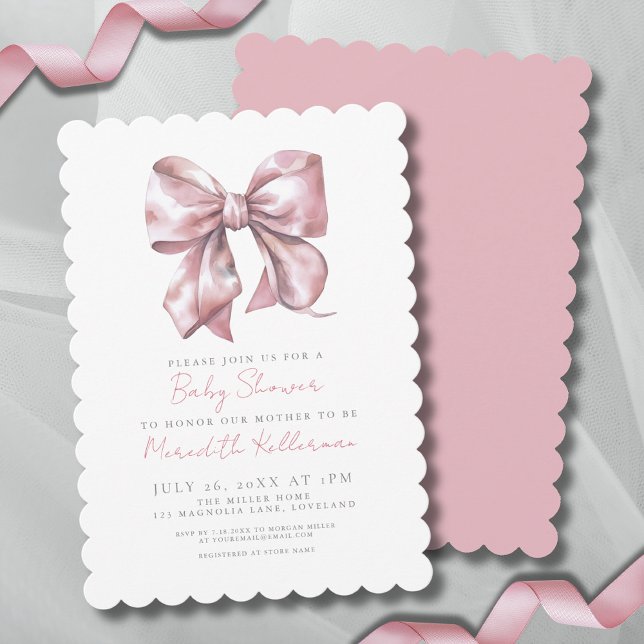 Convite Chá de fraldas Rosa Arco de Aquarela (Watercolor Bow Pink Baby Shower Invitation)