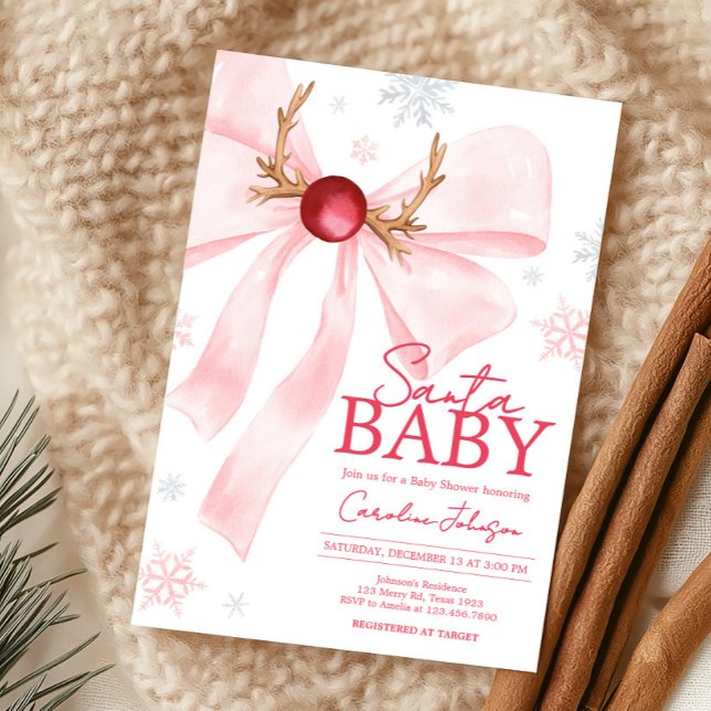 Convite Chá de fraldas Rosa Arco Flocos de Neve (Coquette Pink Bow Santa Baby Christmas Baby Shower Invitation)