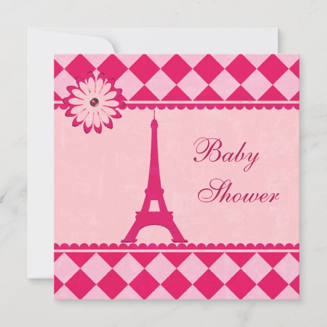 Convite Chá de fraldas rosa Argyle Torre Eiffel (Frente)