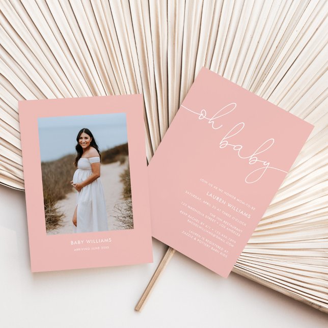 Convite Chá de fraldas Rosa Blush de Foto Moderno (oh baby pink baby shower invitation)