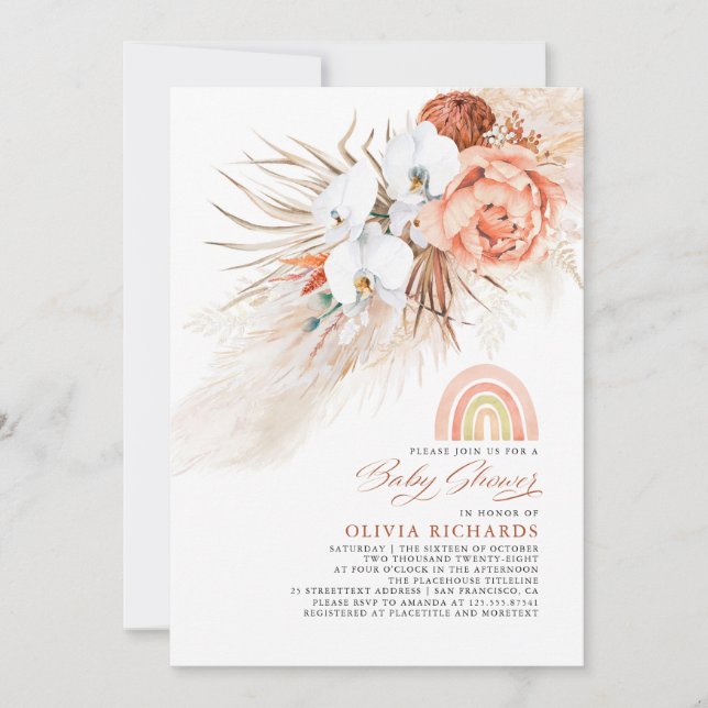 Convite Chá de fraldas Rosa Blush Rainbow Pampas Grass (Frente)