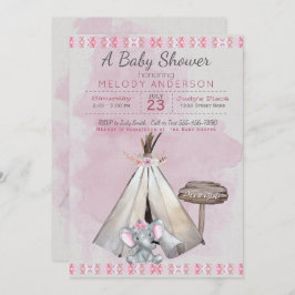 Convite Chá de fraldas rosa Boho Baby Elephant & Tipi