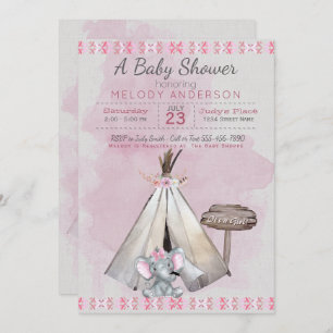 Convite Chá de fraldas rosa Boho Baby Elephant & Tipi