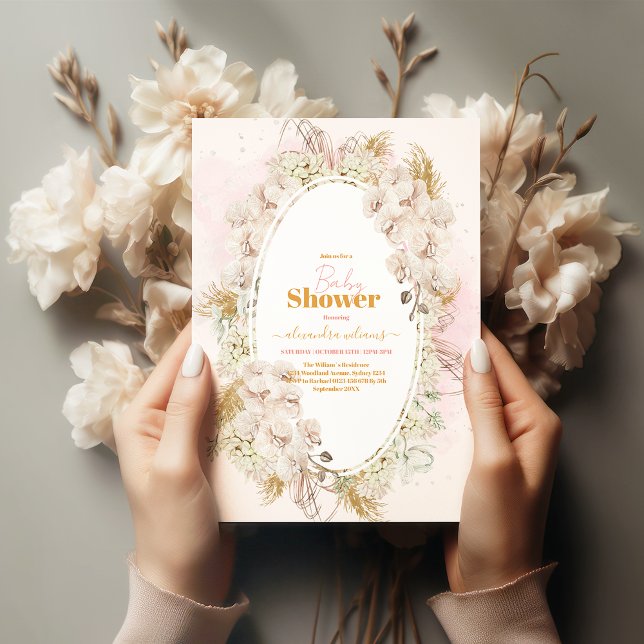 Convite Chá de fraldas Rosa Boho Pampas Grass Girl (Criador carregado)