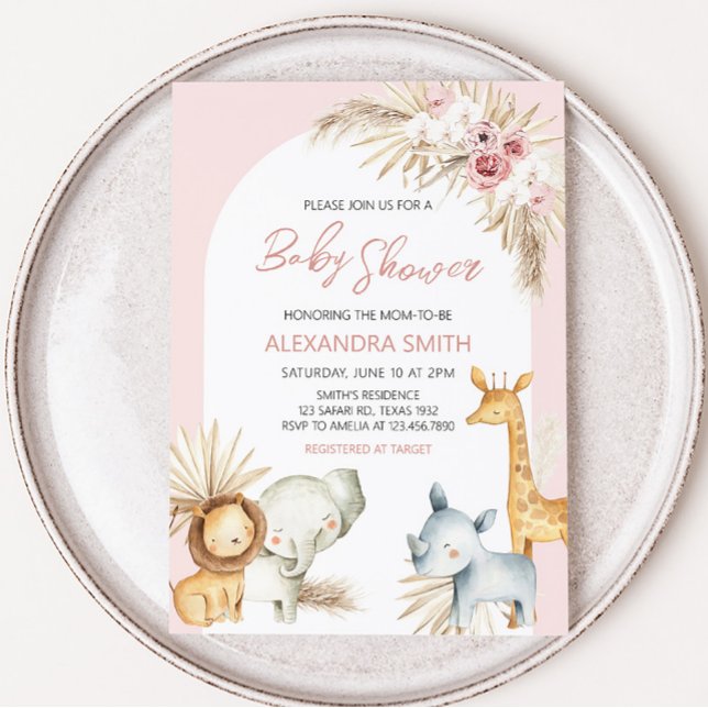 Convite Chá de fraldas Rosa Boho Safari Animal (Girl Safari Animals Baby Shower Invitation)