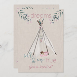 Convite Chá de fraldas Rosa Boho Tipi DreamCatcher