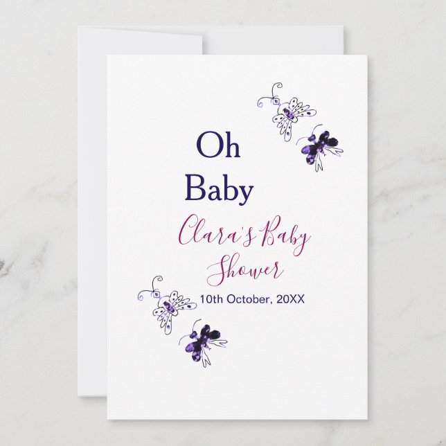 Convite Chá de fraldas rosa-borboleta roxa oh bebê moderno (Frente)