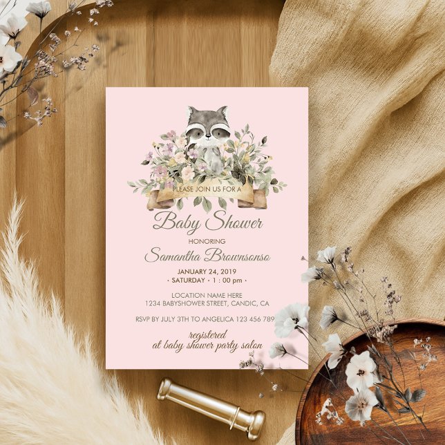 Convite Chá de fraldas Rosa Botânico Raccoon (Criador carregado)