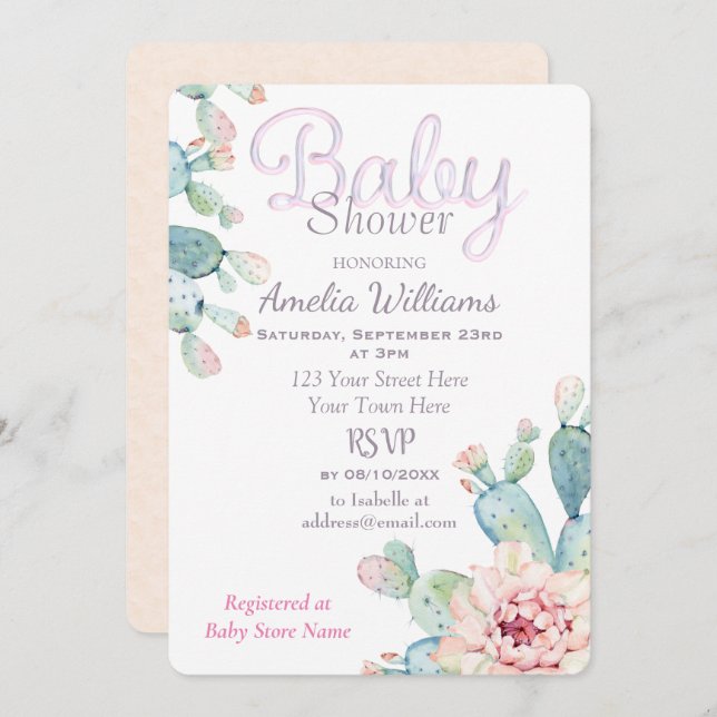 Convite Chá de fraldas Rosa Cactus Pastel (Frente/Verso)