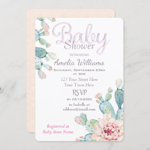 Convite Chá de fraldas Rosa Cactus Pastel