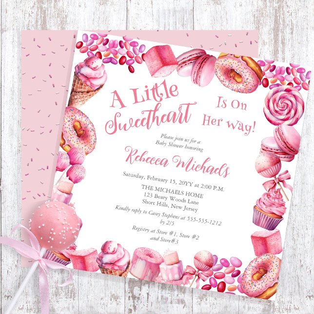 Convite Chá de fraldas Rosa Candy Frame Girl (A Little Sweetheart Candy Frame Girl Baby Shower Square Invitation)
