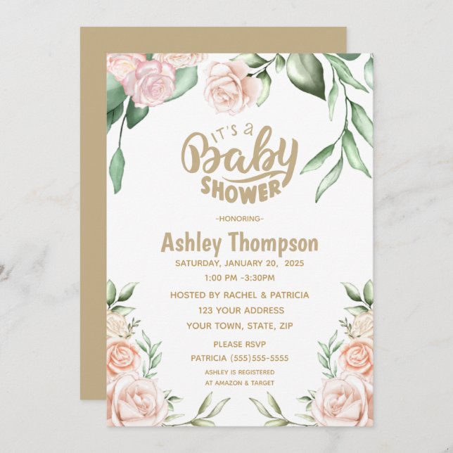 Convite Chá de fraldas Rosa Cor de Água Floral (Frente/Verso)