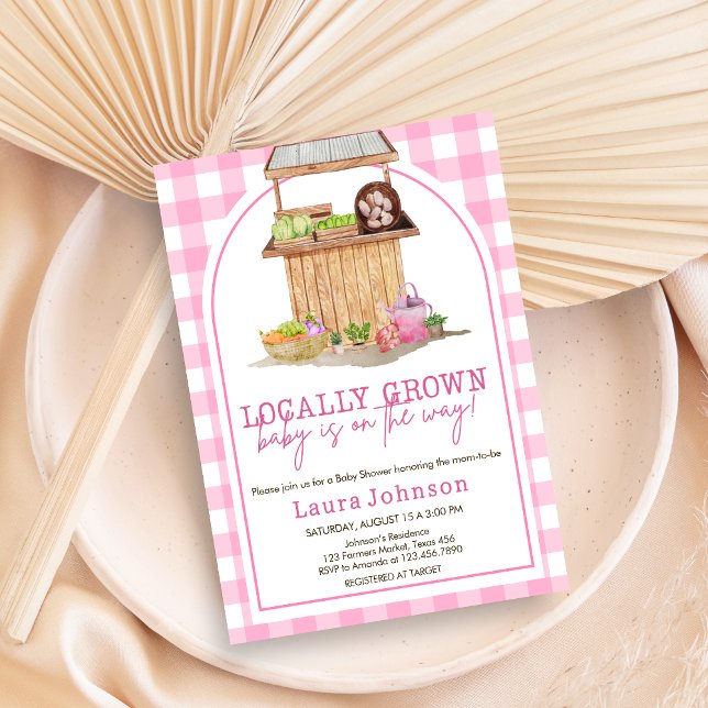 Convite Chá de fraldas rosa crescido localmente (Pink Locally Grown Farmers Market Baby Shower Invitation )