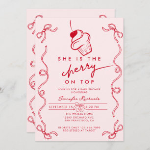 Convite Chá de fraldas Rosa Cupcake de Cereja Vermelha