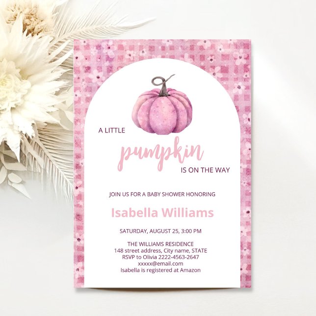 Convite Chá de fraldas rosa da menina da abóbora (Little pumpkin minimalistic autumn fall pink girl baby shower invitation )
