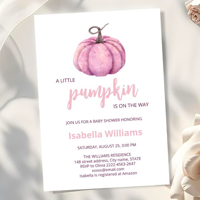Convite Chá de fraldas rosa da menina da abóbora (Little pumpkin minimalistic autumn fall pink girl baby shower invitation )