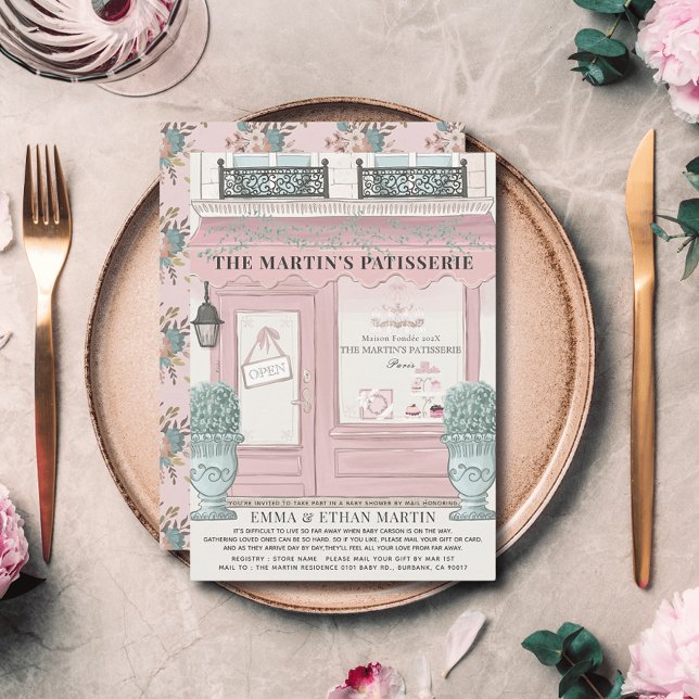 Convite Chá de fraldas rosa da padaria francesa Patisserie (Criador carregado)