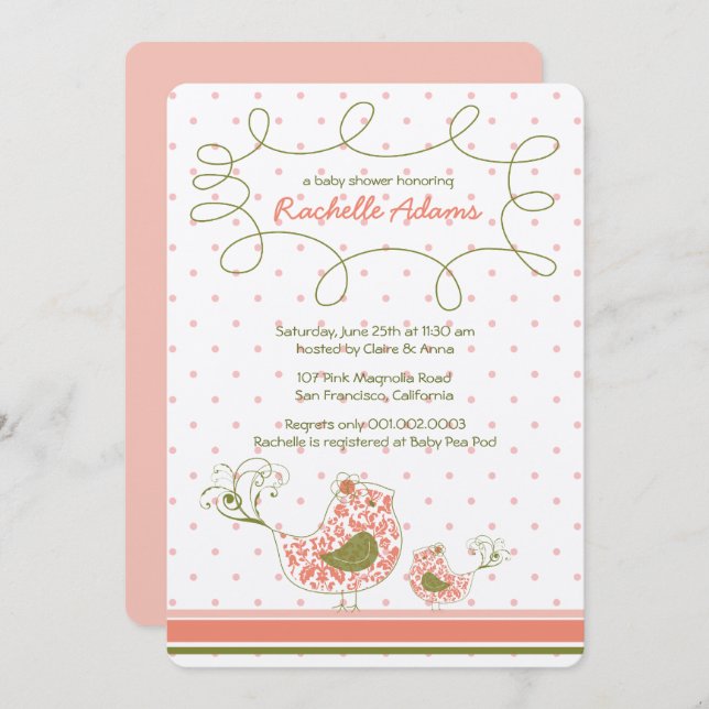 Convite Chá de fraldas Rosa Damask Mãe & Baby Bird Chic Gi (Frente/Verso)