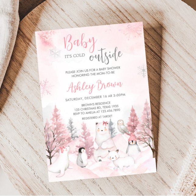 Convite Chá de fraldas Rosa de Animais do Ártico (Girl Winter Baby Shower Invitation)