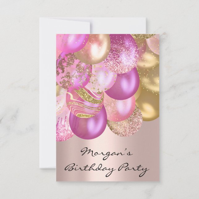 Convite Chá de fraldas rosa de aniversário Ballons sobe (Verso)