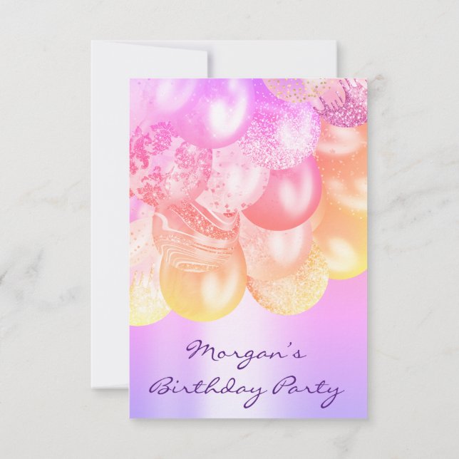 Convite Chá de fraldas rosa de aniversário Balões de ouro  (Verso)