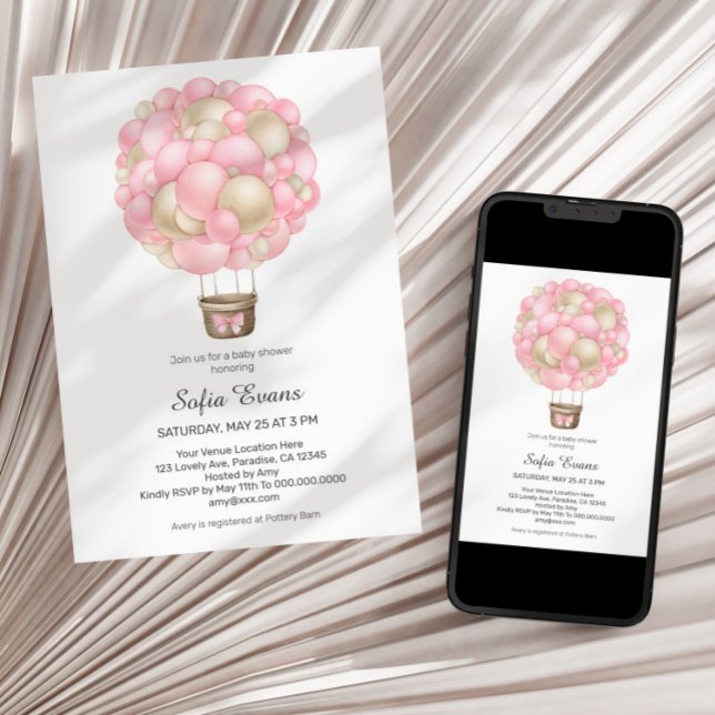 Convite Chá de fraldas Rosa de Balão de Ar Quente (Criador carregado)