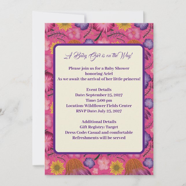 Convite Chá de fraldas Rosa de Flor Selvagem Encharcado (Frente)