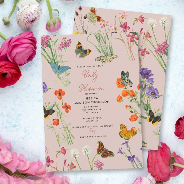 Convite Chá de fraldas Rosa de Flores Selvagens Borboletas (Pink Wildflowers Butterflies Baby Shower Invitation)