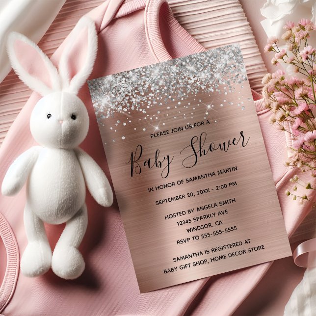 Convite Chá de fraldas Rosa de folha de ouro com brilho pr (Silver Glitter Rose Gold Foil Baby Shower Invitation)