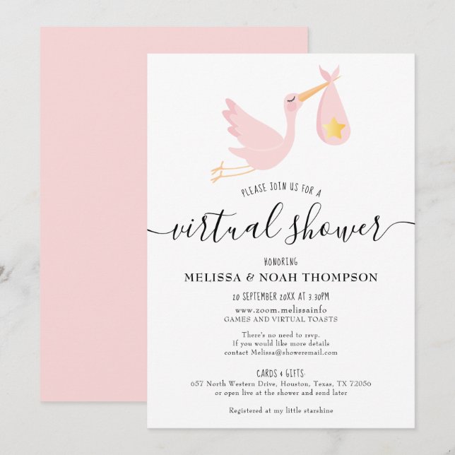 Convite Chá de fraldas Rosa de Longa Distância Virtual Onl (Frente/Verso)