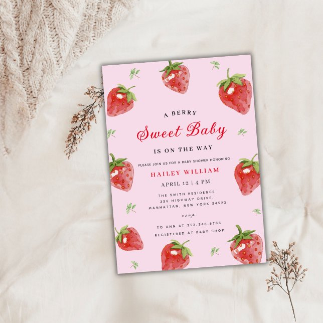Convite Chá de fraldas Rosa De Morango Berry (Pink Strawberry Berry Sweet Girl Baby Shower Invitation)