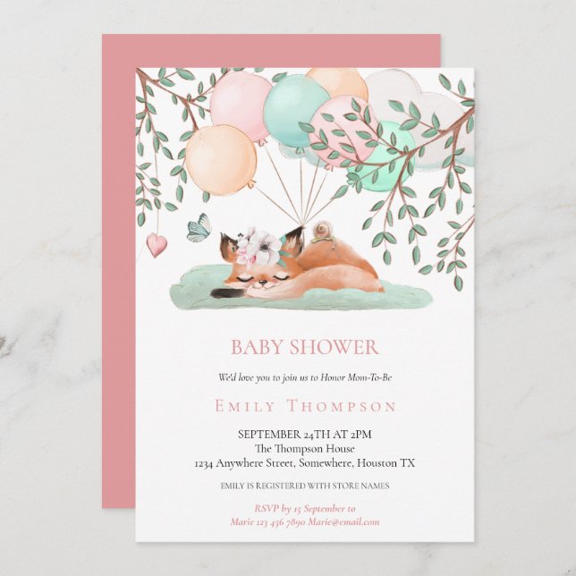 Convite Chá de fraldas rosa de Raposa Dormindo (Frente/Verso)