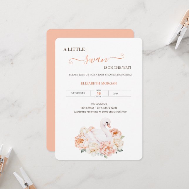 Convite Chá de fraldas Rosa de Swan para Bebês Adorável (Frente/Verso In Situ)