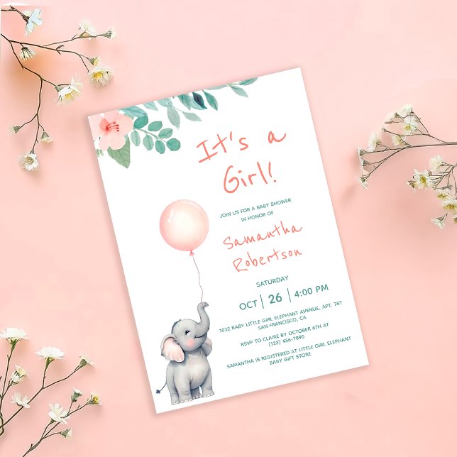 Convite Chá de fraldas Rosa do Balão de Aquarela do Elefan (Criador carregado)