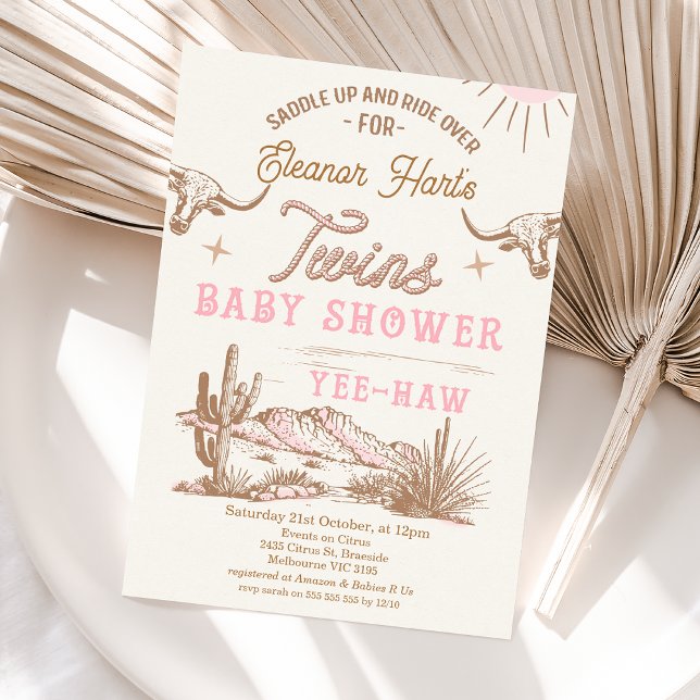 Convite Chá de fraldas Rosa do Deserto Ocidental dos Gêmeo (Wild West Western Twin Girls Baby Shower Invitation, Rodeo Western Desert Twins Baby Shower Invite )