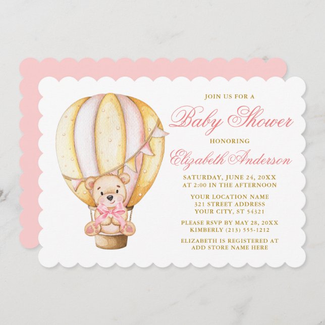 Convite Chá de fraldas rosa do Urso de Teddy do Balão de A (Frente/Verso)
