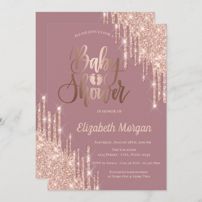 Convite Chá de fraldas rosa Dourada Glitter Drives Bebês P (Frente/Verso)