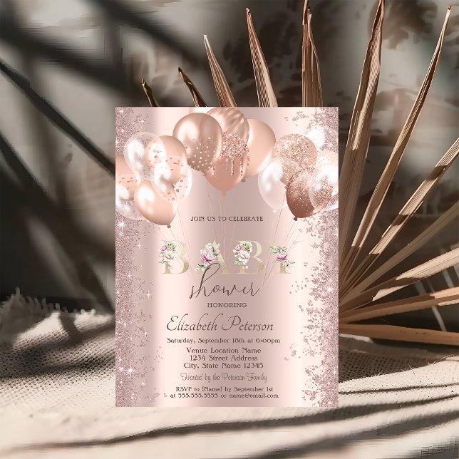 Convite Chá de fraldas rosa Dourado Balões Glitter Confett (Criador carregado)